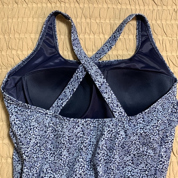 Lands’ End Women's Tugless X-Back One Piece Swimsuit Navy/Turquoise Mosaic Dot - Picture 4 of 8